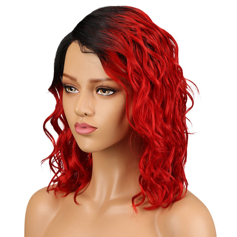 Image of Rebecca Fashion Human Hair Lace Front Wigs 4.5 inch Side LacePart Wigs 14 inch Water Wavy Wig for Black Women Ombre Red Color