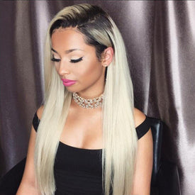 Rebecca Fashion 100% High Quality Straight Human Hair 4x4 HD Lace Closure Wigs Ombre Blonde Color 150% Density