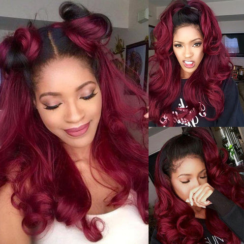 Image of Rebecca Fashion Ombre Burgundy Red 13x4 Lace Frontal Wigs 100% Huamn Hair Body Wave Wigs 150% Density