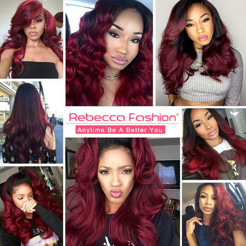 Image of Rebecca Fashion Ombre Burgundy Red 13x4 Lace Frontal Wigs 100% Huamn Hair Body Wave Wigs 150% Density