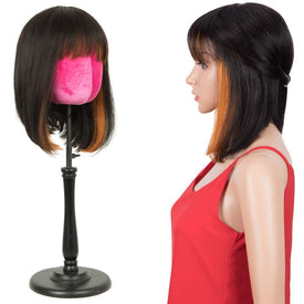 Rebecca Fashion Short Human Hair Bob Wigs With Bangs Ombre Black With Orange Color Dying Hair Behind Ear Wigs 10 inch